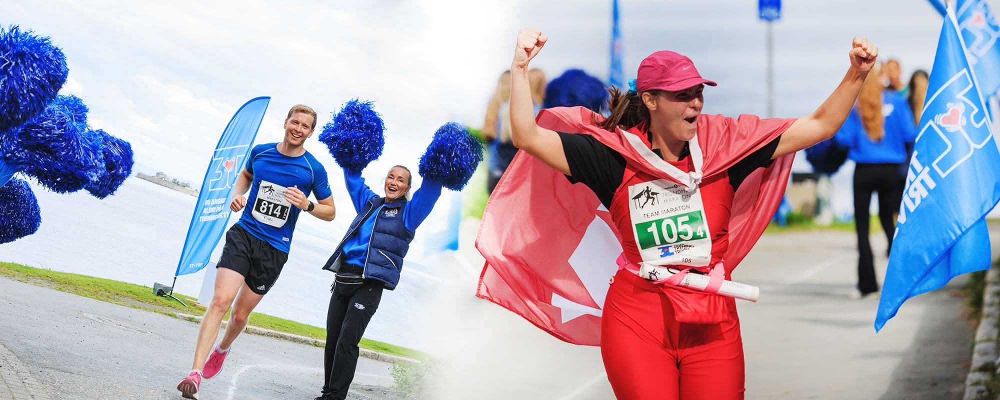 Dame og mann som løper Trondheim Maraton. 3T-medlemmer får rabatt